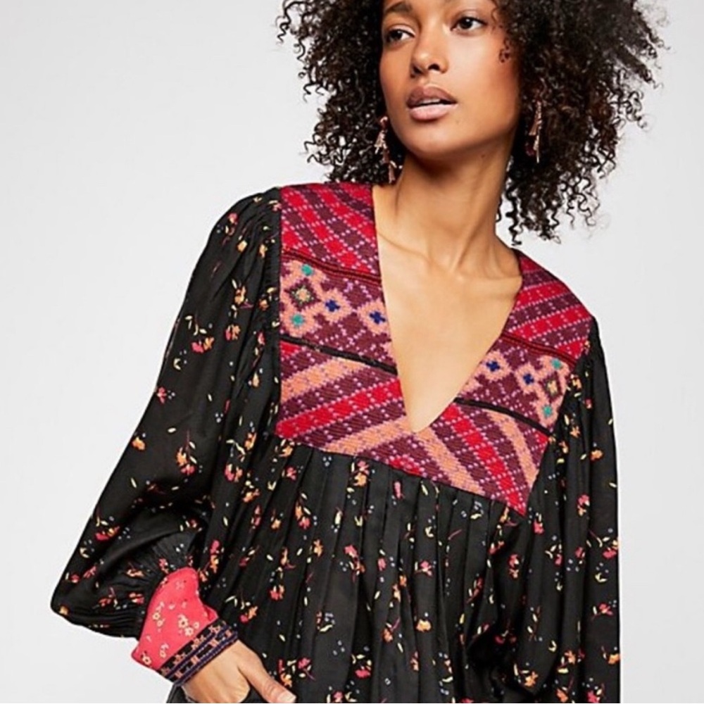 Free People Black and Red Embellished Long Sleeve Blouse